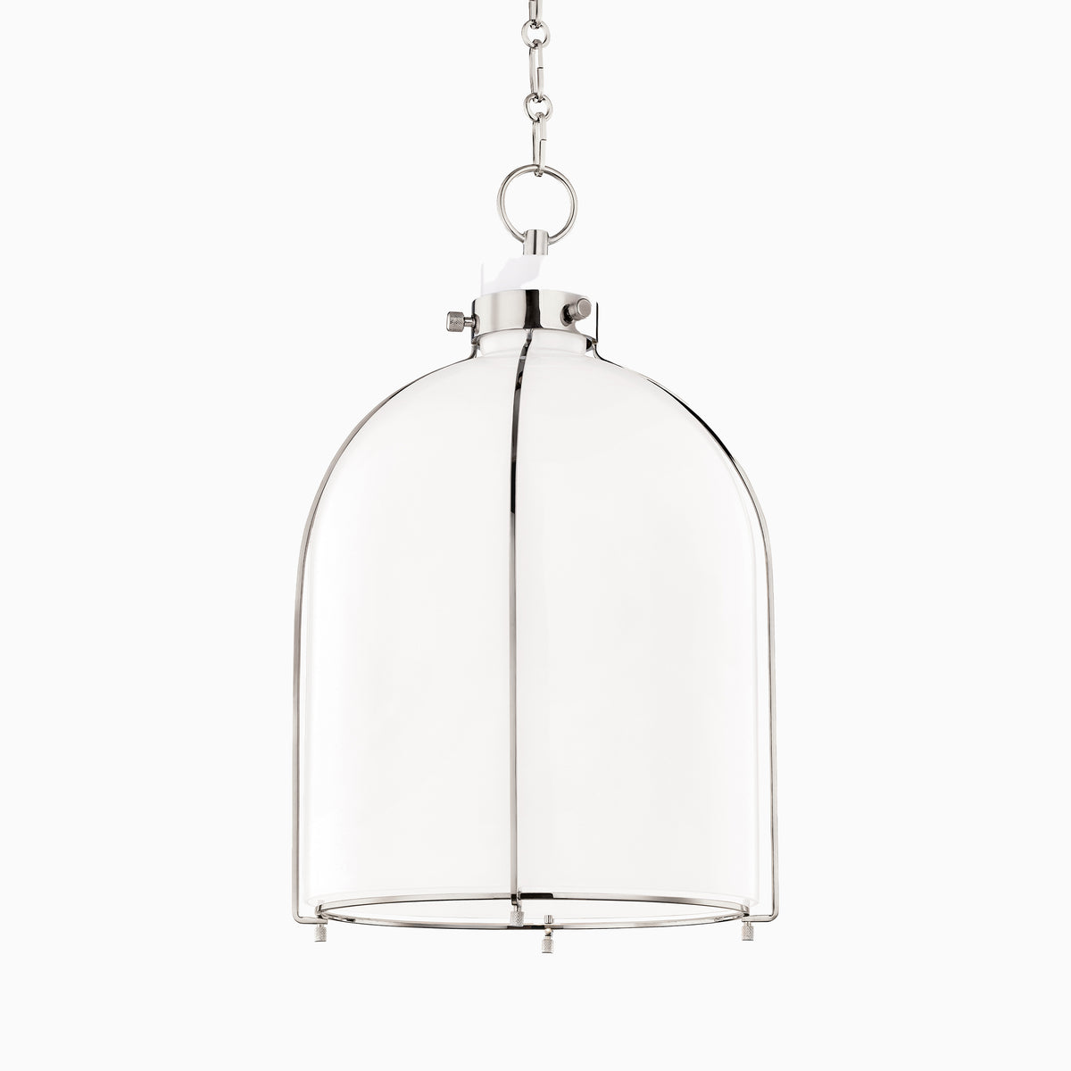 Polished nickel dome pendant light with frosted glass shade and chain suspension, offering soft ambient lighting and refined modern style.