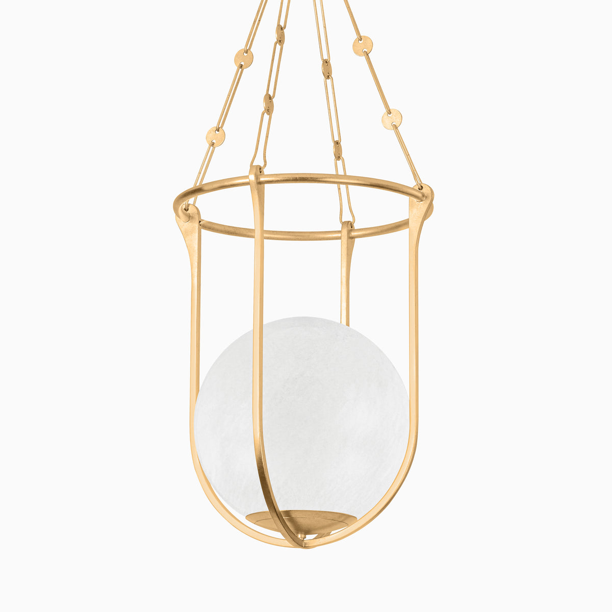 Sculptural pendant light with a frosted glass globe encased in a sleek, gold-finished metal frame.