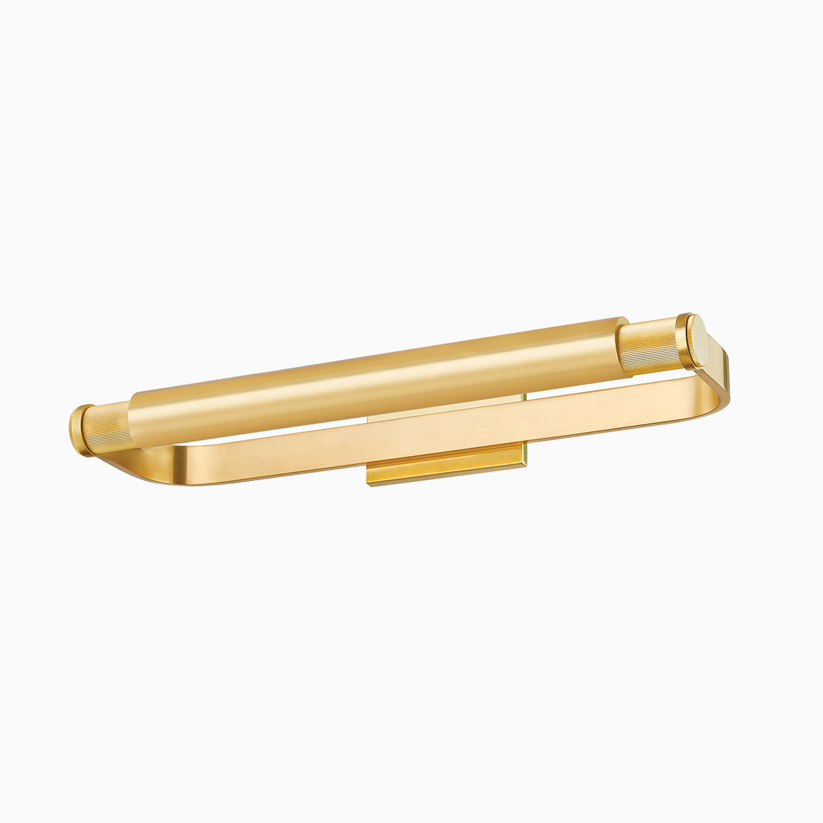 Streamlined 24" picture light in aged brass with a cylindrical frame and knurled accents, delivering even, focused display lighting.