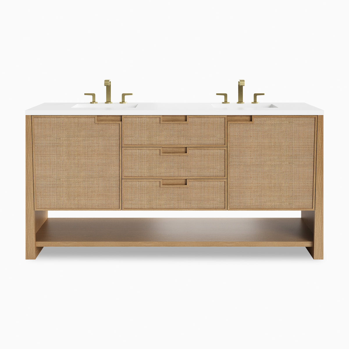 72 inch oak double bathroom vanity with woven cane cabinet fronts, white countertop, dual sinks, and brushed brass faucets.