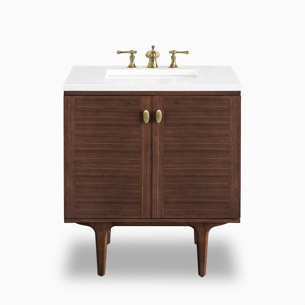The 30 inch Demi single vanity combines mid-century walnut cabinet doors with rich wood grain detail and tapered legs, completed by a 3 cm White Zeus quartz countertop.