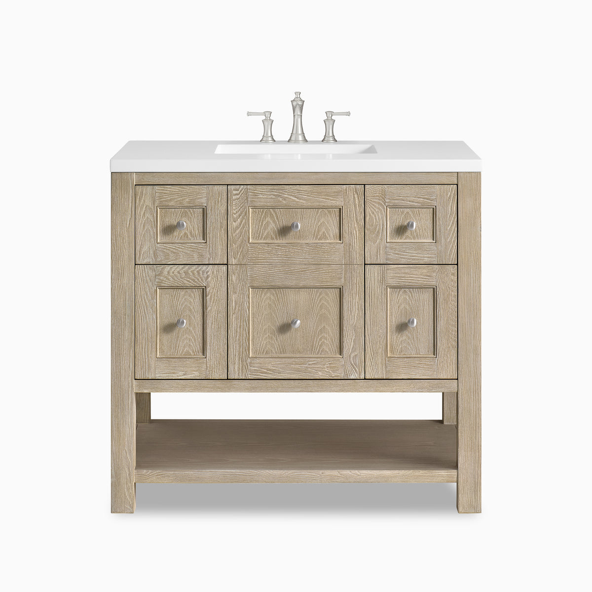 Bridgette 36" freestanding single vanity in whitewashed oak with satin nickel knobs and a sleek white quartz countertop.
