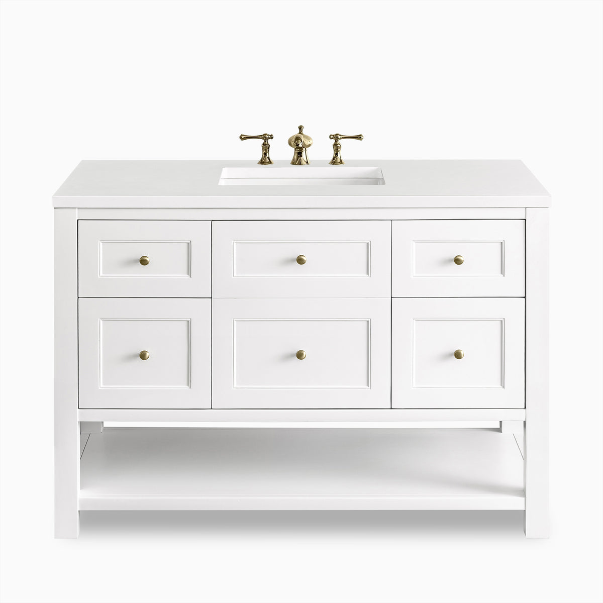 Bridgette 48" single vanity in Bright White with a 3 cm White Zeus Quartz countertop, featuring an undermount sink, six soft-close drawers with round brass knobs, a spacious open lower shelf for storage, and a clean freestanding design.