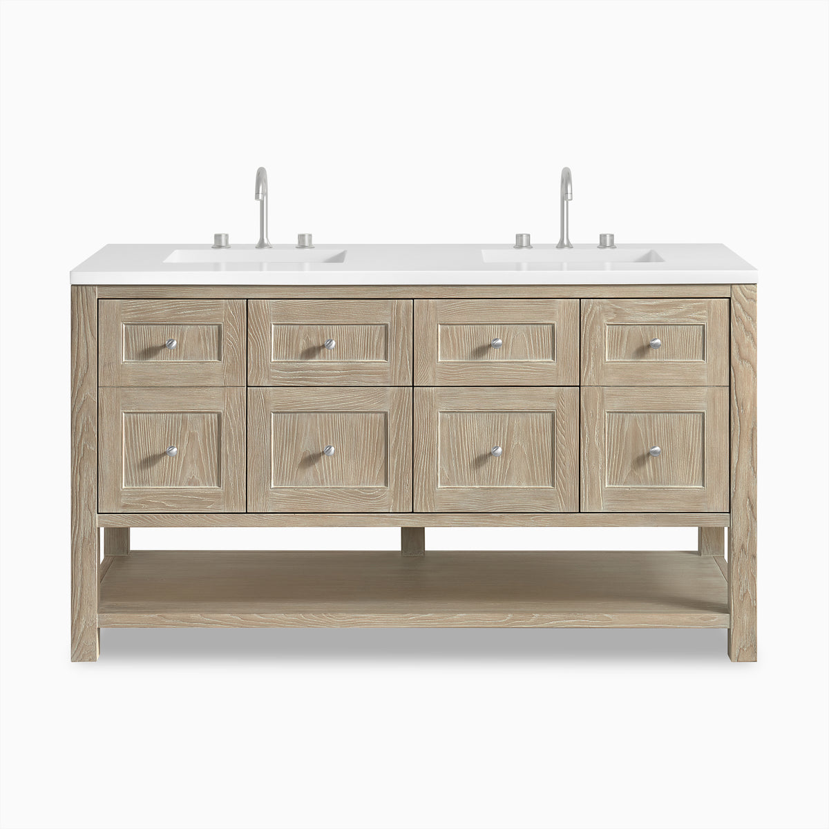 Bridgette 60" freestanding double vanity in whitewashed oak featuring satin nickel knobs and twin minimalist widespread faucets.