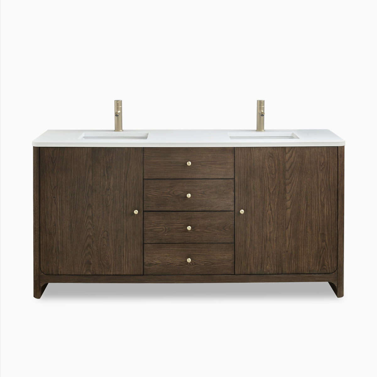 Elegant 72" double vanity in sable ash wood with white zeus quartz top, featuring soft edges, dual sinks, and sleek champagne brass hardware.