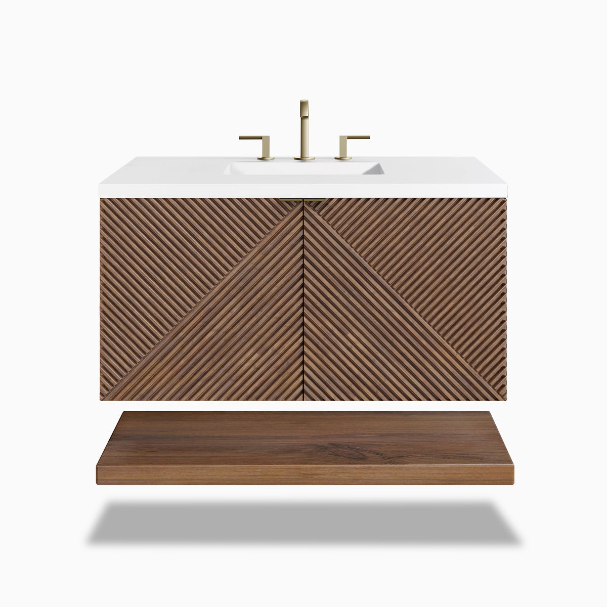 36" floating vanity in deep chestnut with ribbed Acacia doors, white quartz sinktop, and open shelf for airy, modern storage.