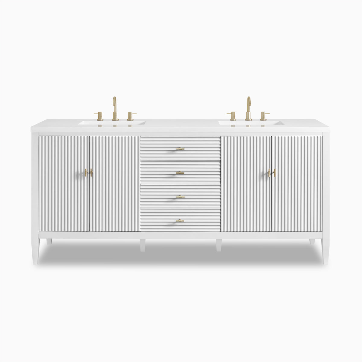 Sasha 72-inch double vanity in bright white with fluted cabinet doors, brass hardware, dual sinks, and white quartz countertop.