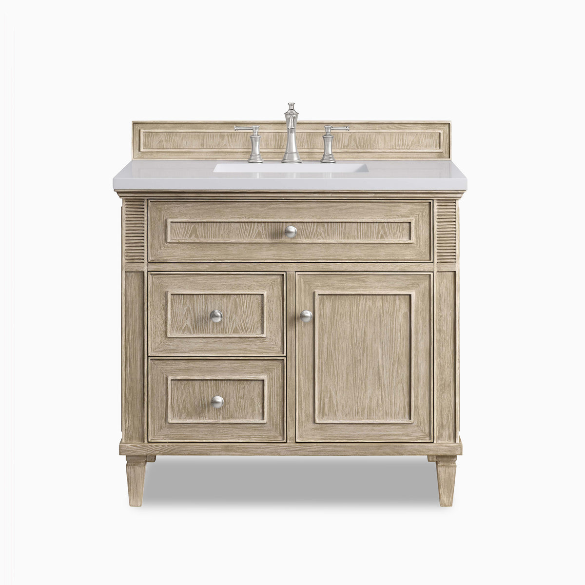 Elodie 36" single vanity in whitewashed oak with fluted corner accents and satin nickel hardware.