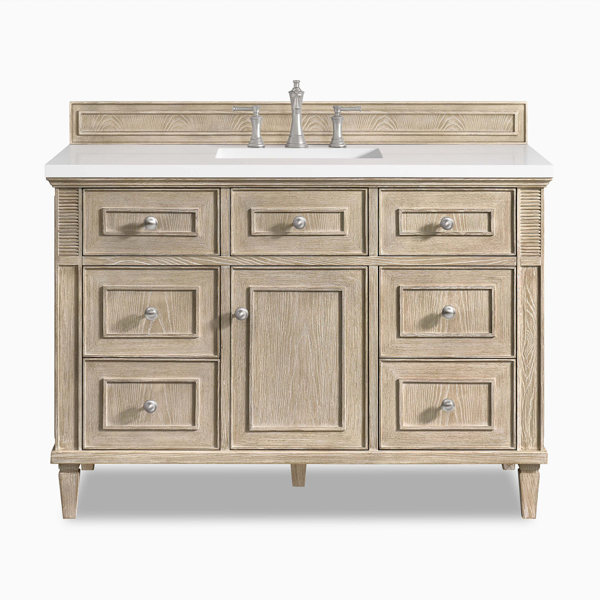 Elodie 48" single vanity in whitewashed oak with classic paneling and six drawers for elegant storage.