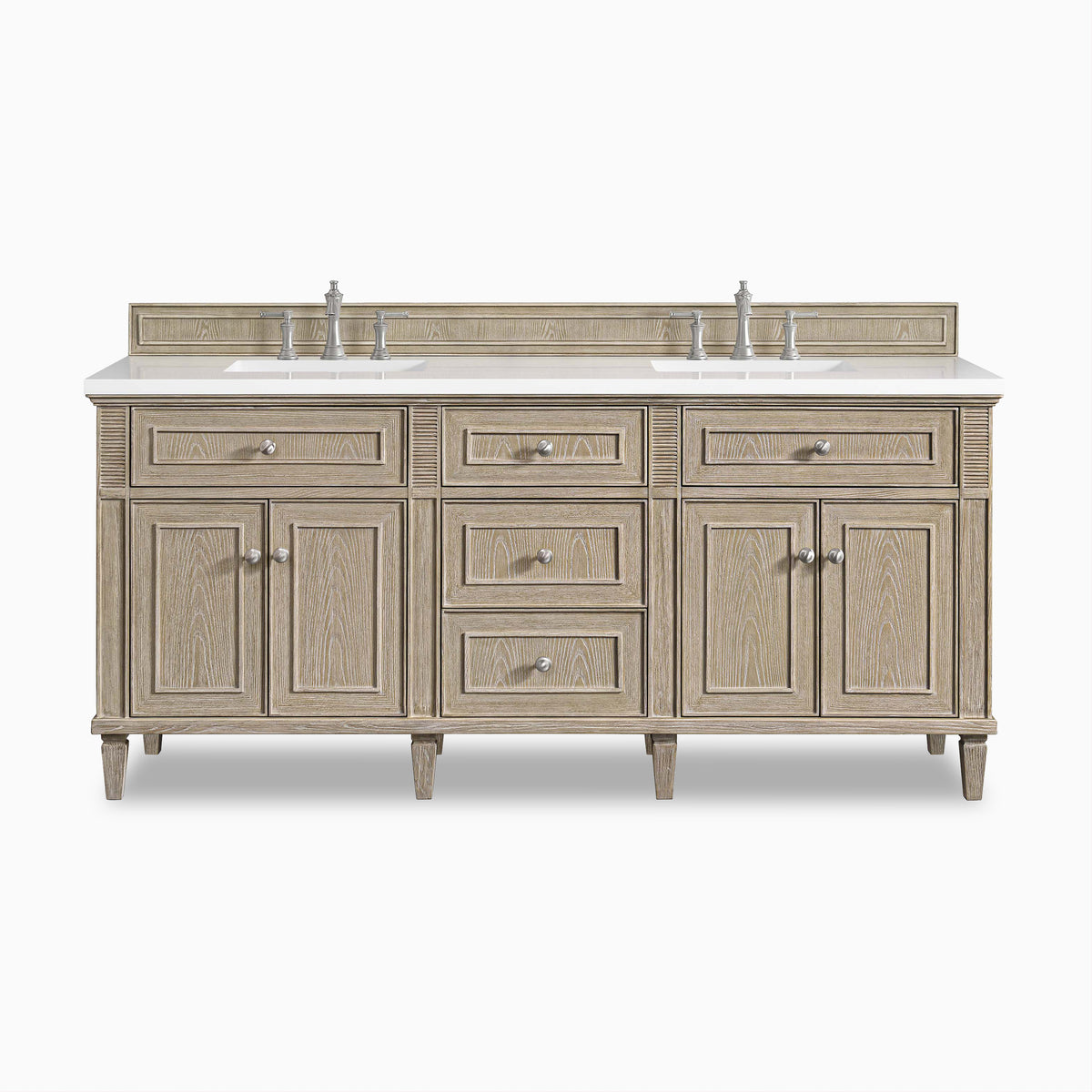 Elodie 72" double vanity in whitewashed oak featuring fluted accents, satin nickel hardware, and ample storage.