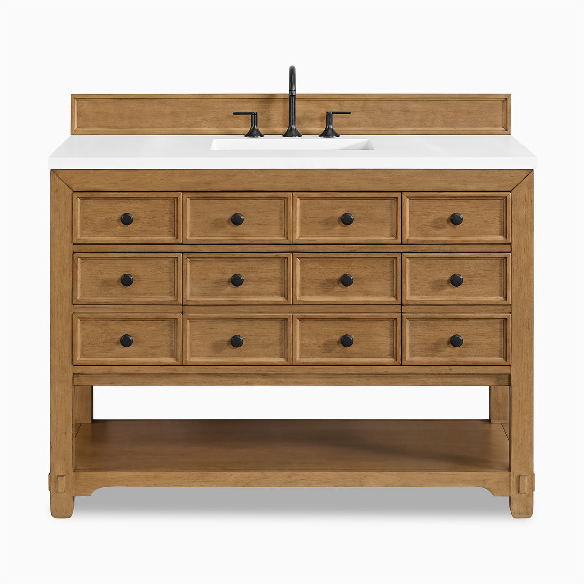 Rosalie 48" single vanity in amber birch with faux apothecary drawers, white quart countertop, matte black knobs and faucet, and a spacious open base shelf.