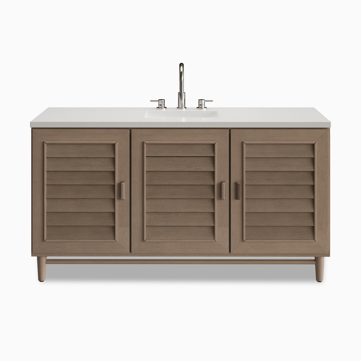 Trisha 60" single vanity in Whitewashed Walnut with a 3 cm White Zeus Quartz countertop, featuring a central undermount sink, brushed nickel faucet, three louvered cabinet doors, and tapered legs.