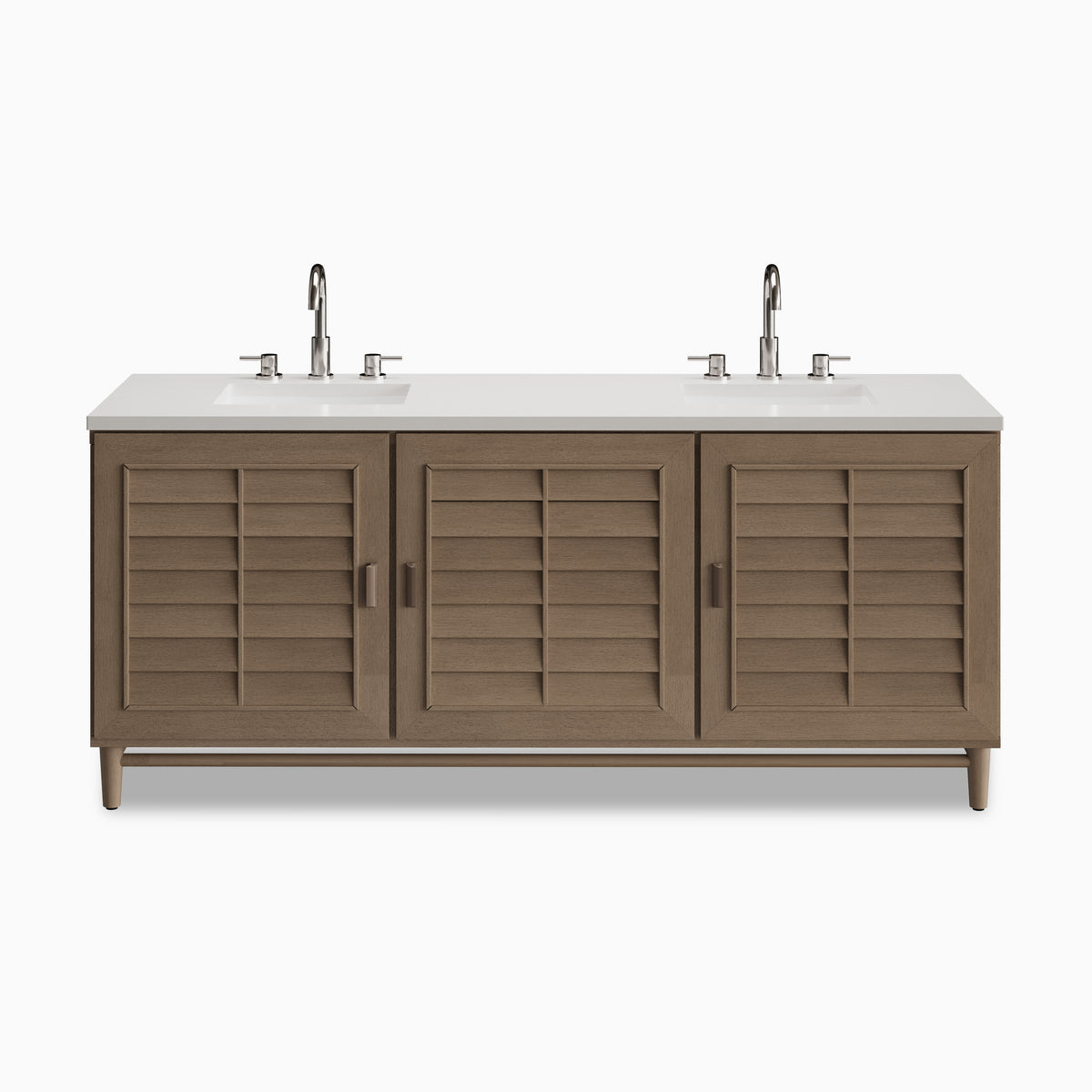 Trisha 72" double vanity in Whitewashed Walnut with a 3 cm White Zeus Quartz countertop, featuring dual undermount sinks, brushed nickel faucets, three louvered cabinet doors with sleek handles, and tapered legs for a warm modern look.