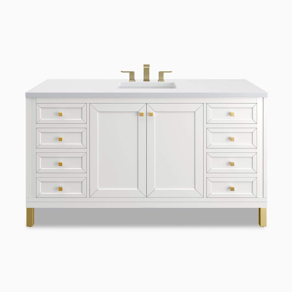 Bright Glossy White cabinetry defines the Janelle 60 inch single vanity, designed with paneled doors, six storage drawers, brass hardware, and a White Zeus Silestone top.