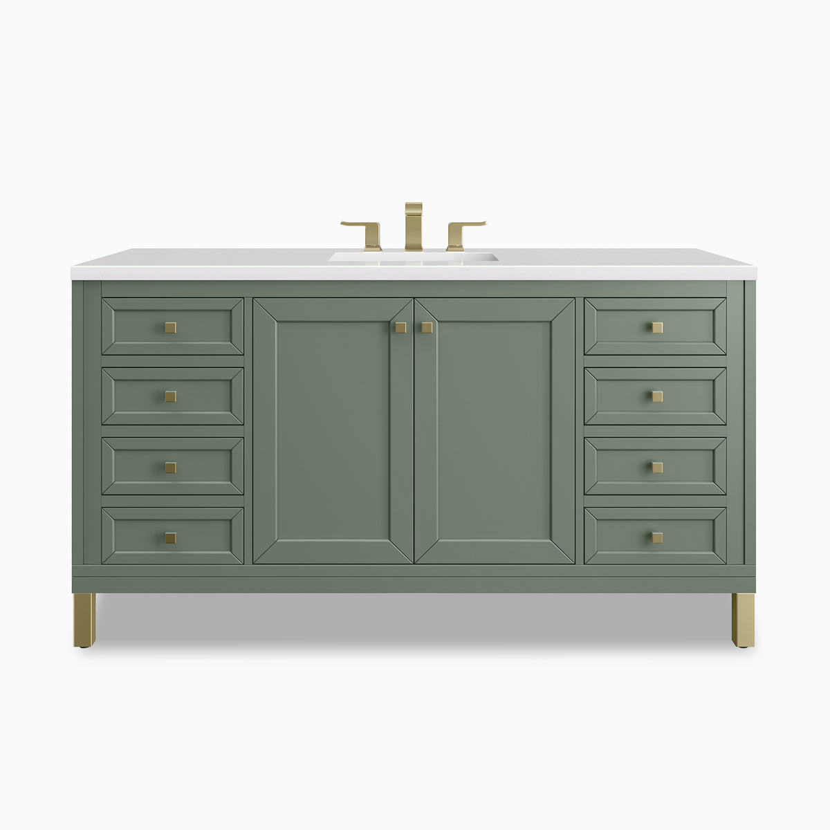 Our Janelle 60 inch single vanity in Smokey Celadon features soft green cabinetry, paneled cabinet doors, multiple drawers, and a 3 cm White Zeus Silestone top with an integrated sink.