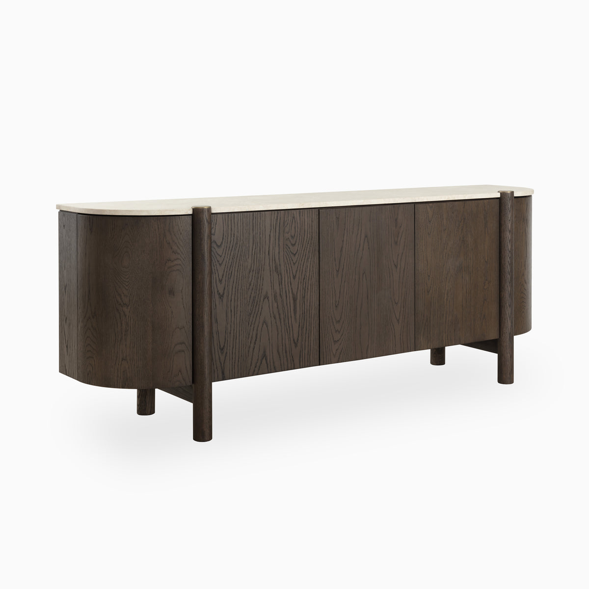Contemporary sideboard in brown wood with a smooth stone top, rounded corners, and clean lines for a refined modern storage solution.