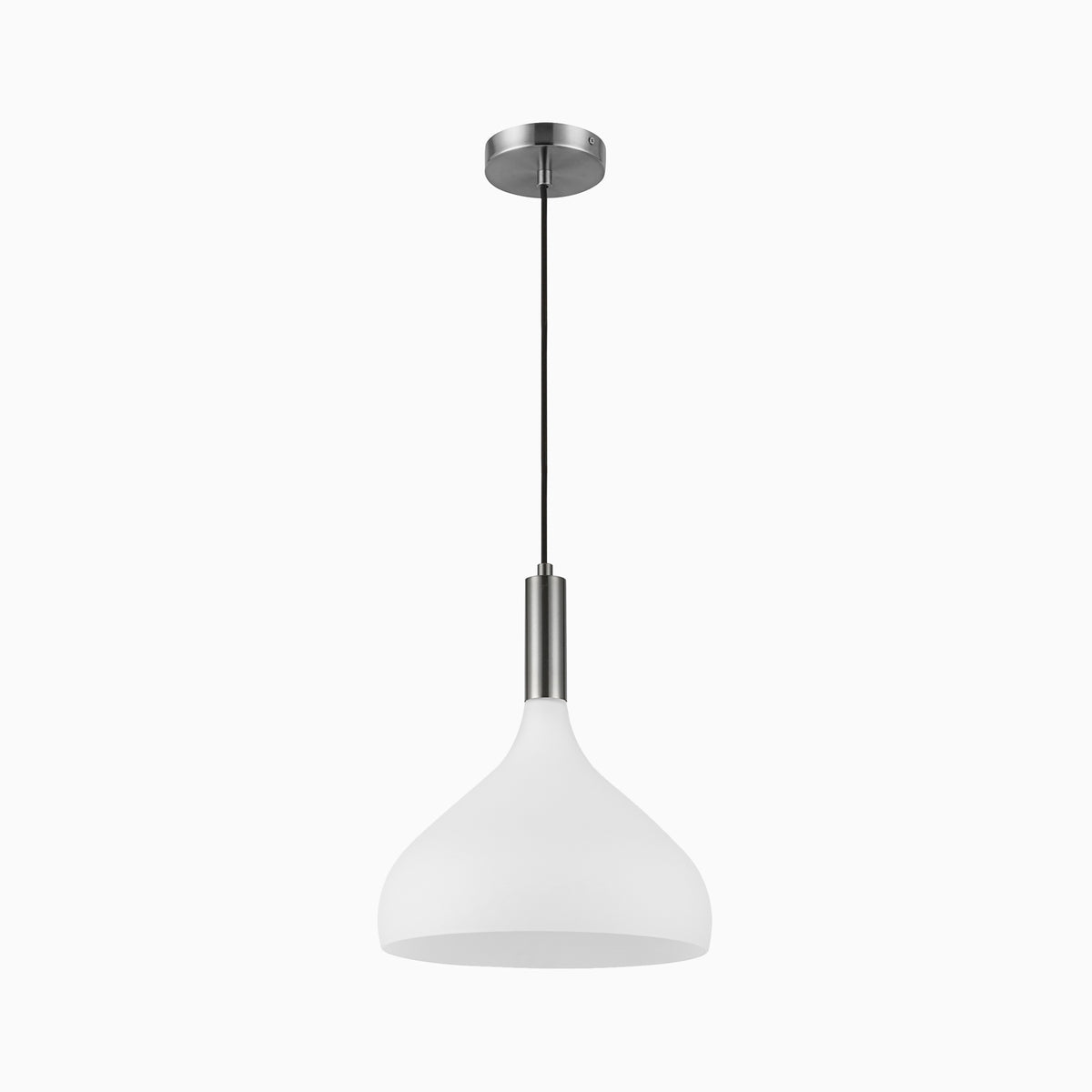 Minimalist white dome pendant light with brushed nickel stem and canopy in a clean modern design.