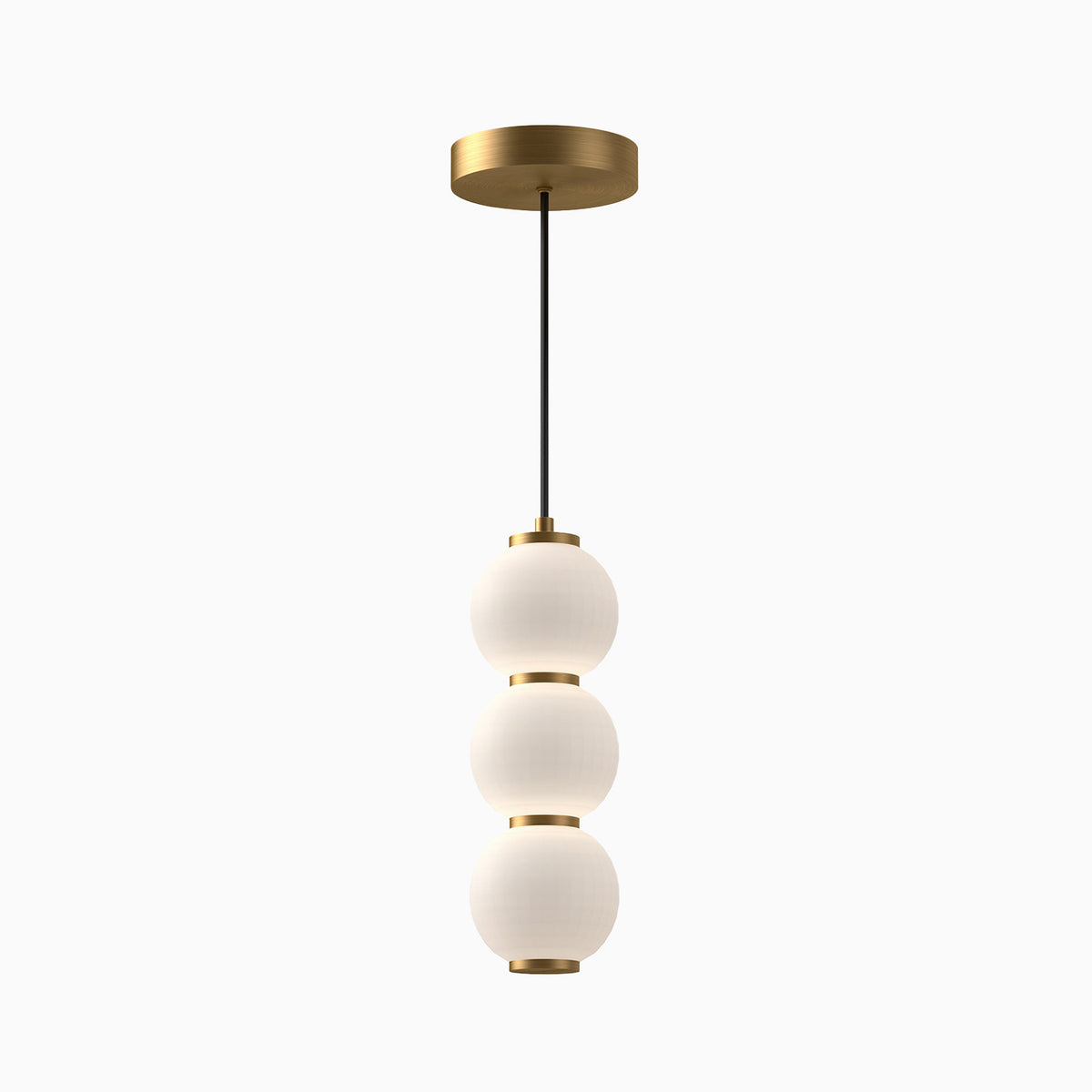 Universal voltage LED modern pendant light with gold canopy and triple stacked white glass globe shades.