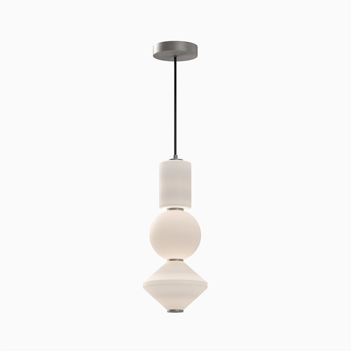 Universal voltage LED modern pendant light with brushed nickel canopy and sculptural stacked white glass shades.