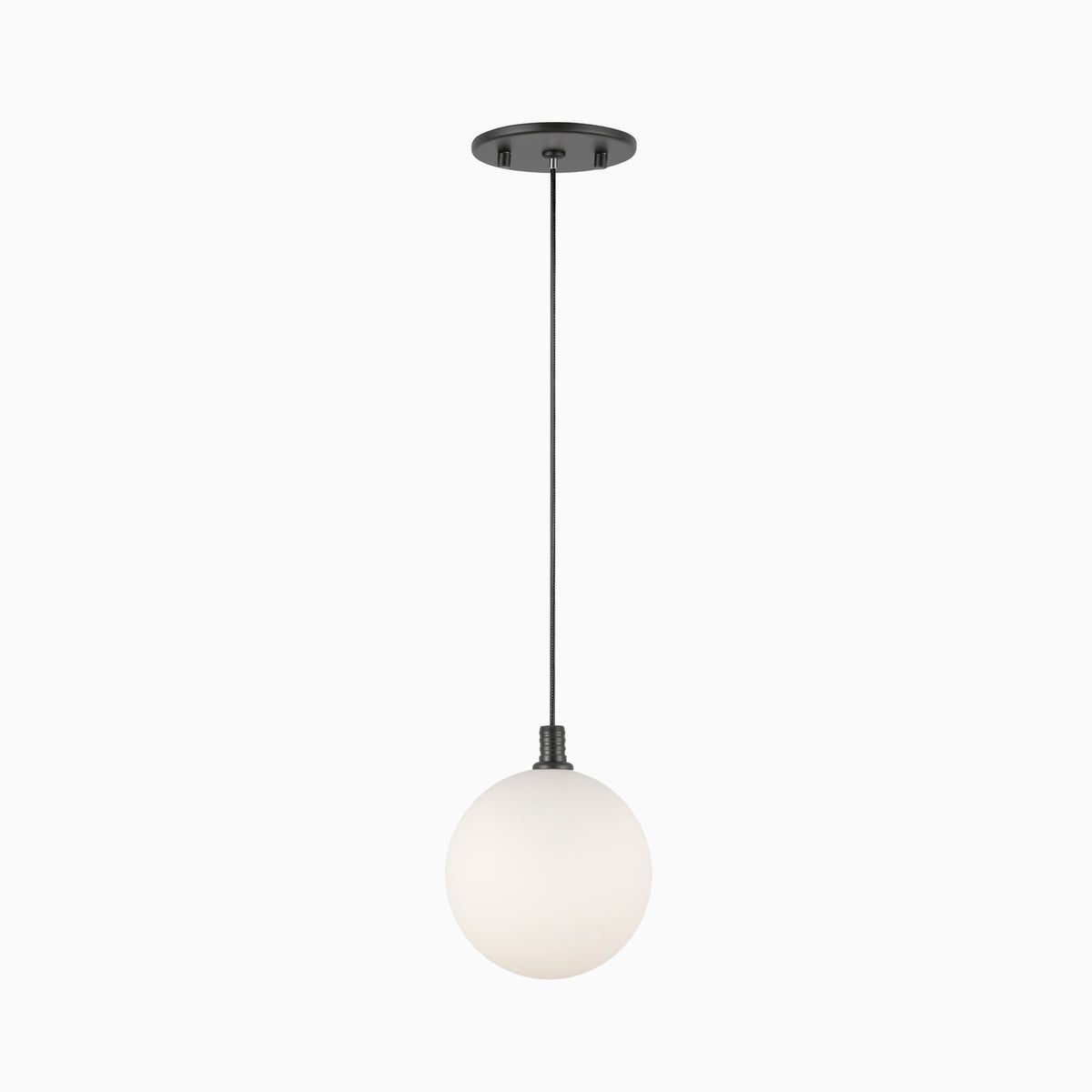 Modern LED pendant light with matte black finish, black cord, and frosted glass globe shade.