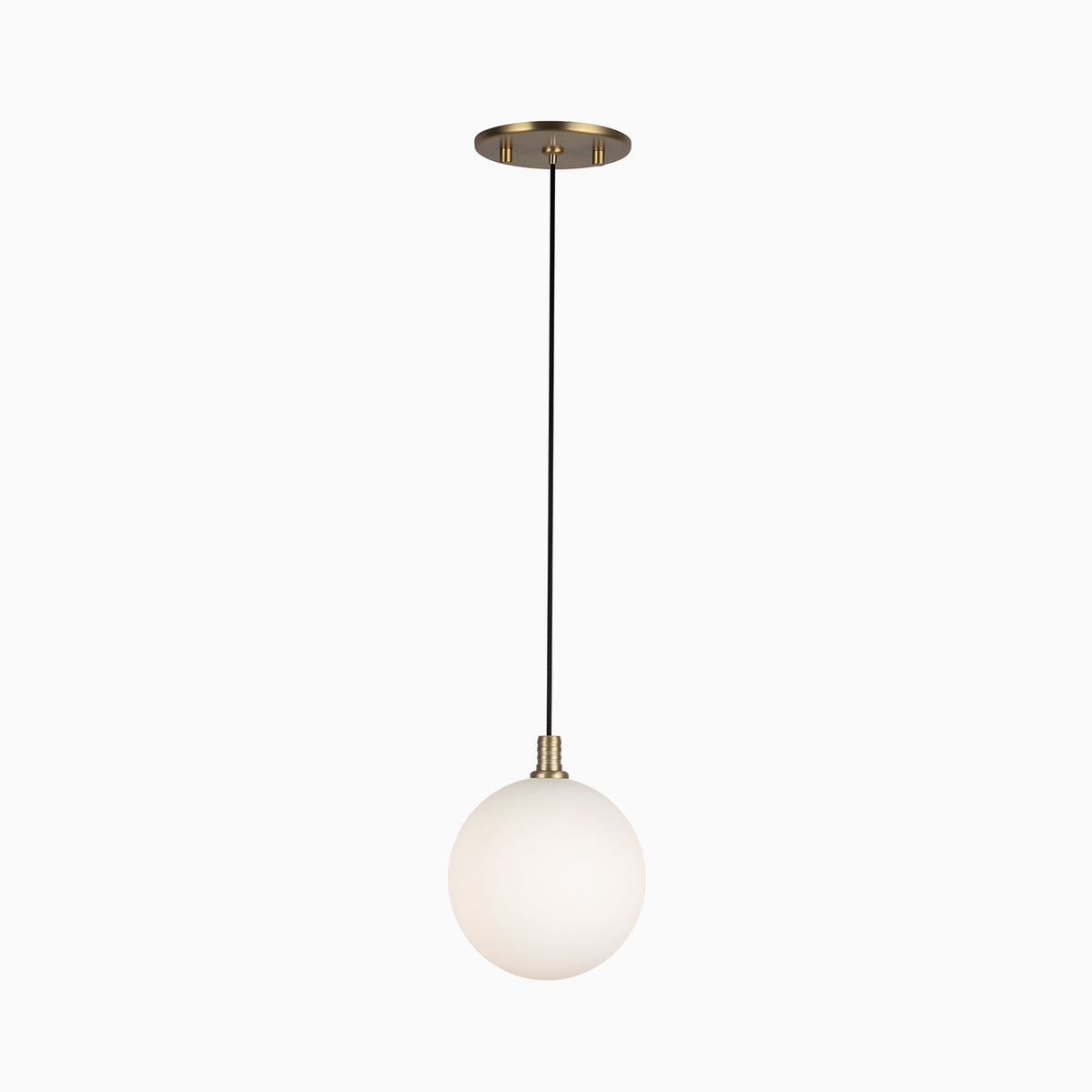 Modern LED pendant light with brushed gold finish, black cord, and frosted glass globe shade.