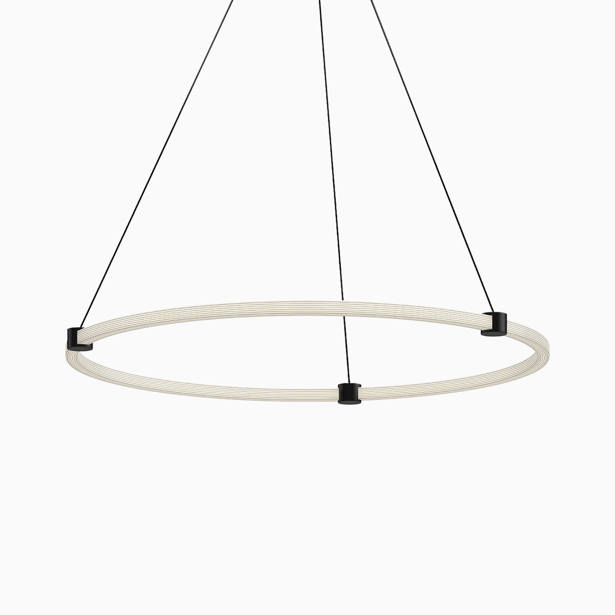 Modern circular LED pendant with ribbed white ring, matte black connectors, and three slim black suspension cables.
