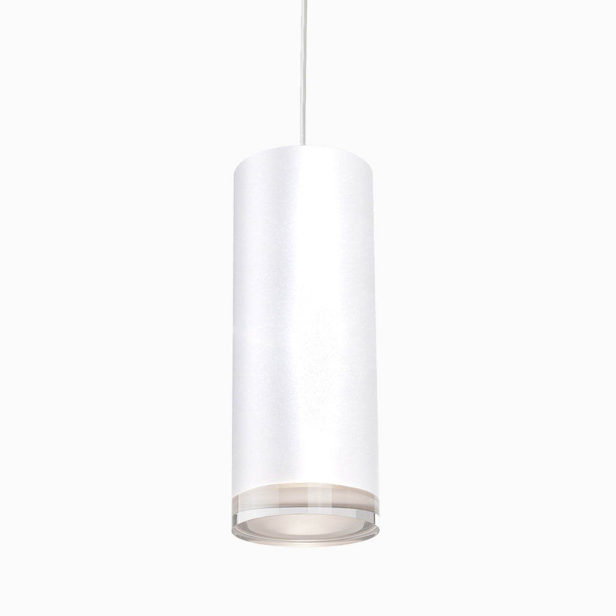 Minimalist cylindrical LED pendant light in matte white with clear diffuser, suspended by a slim white cord.