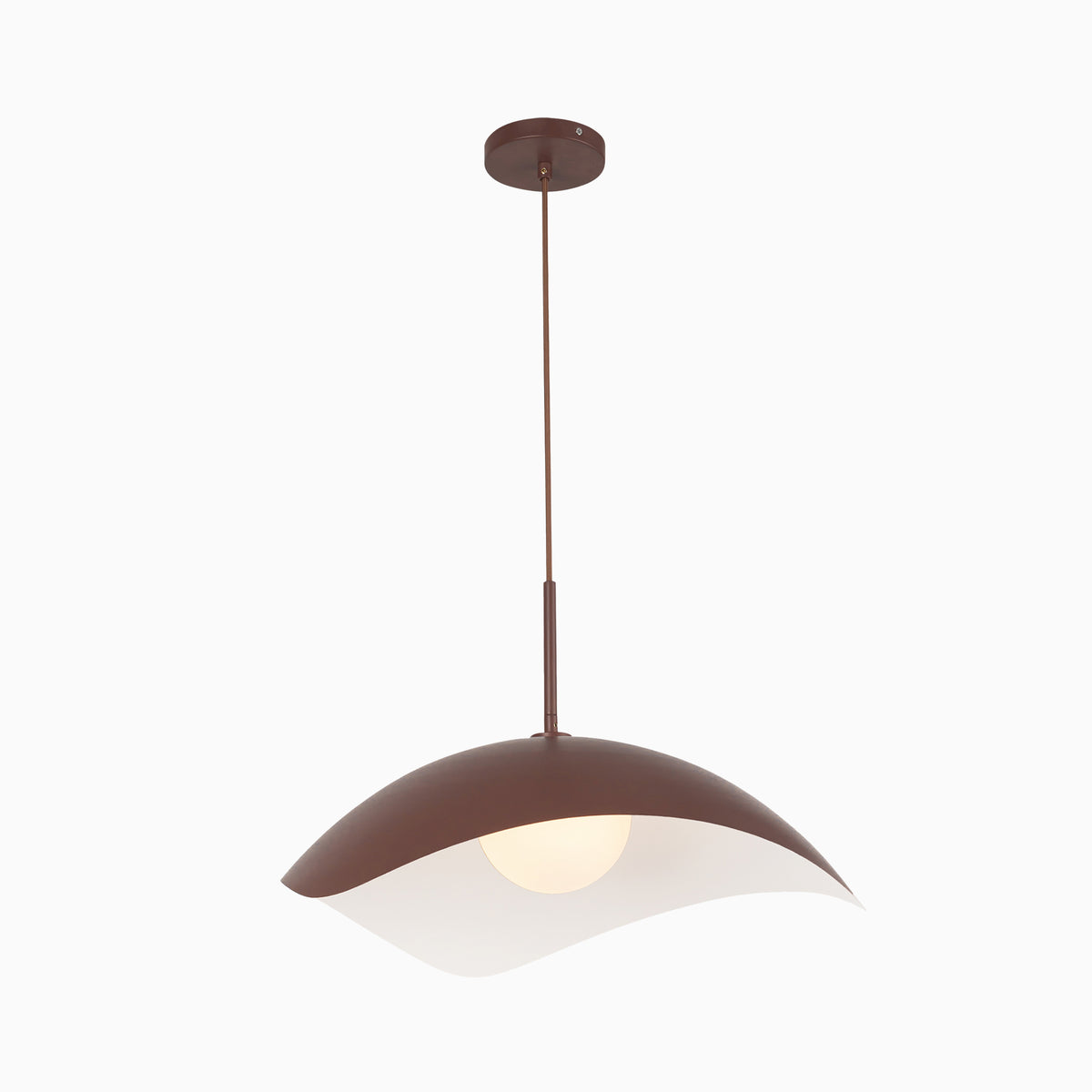 Contemporary brown socket pendant with a gently curved metal shade and soft white diffuser below, delivering balanced downward lighting with a clean sculptural modern form.