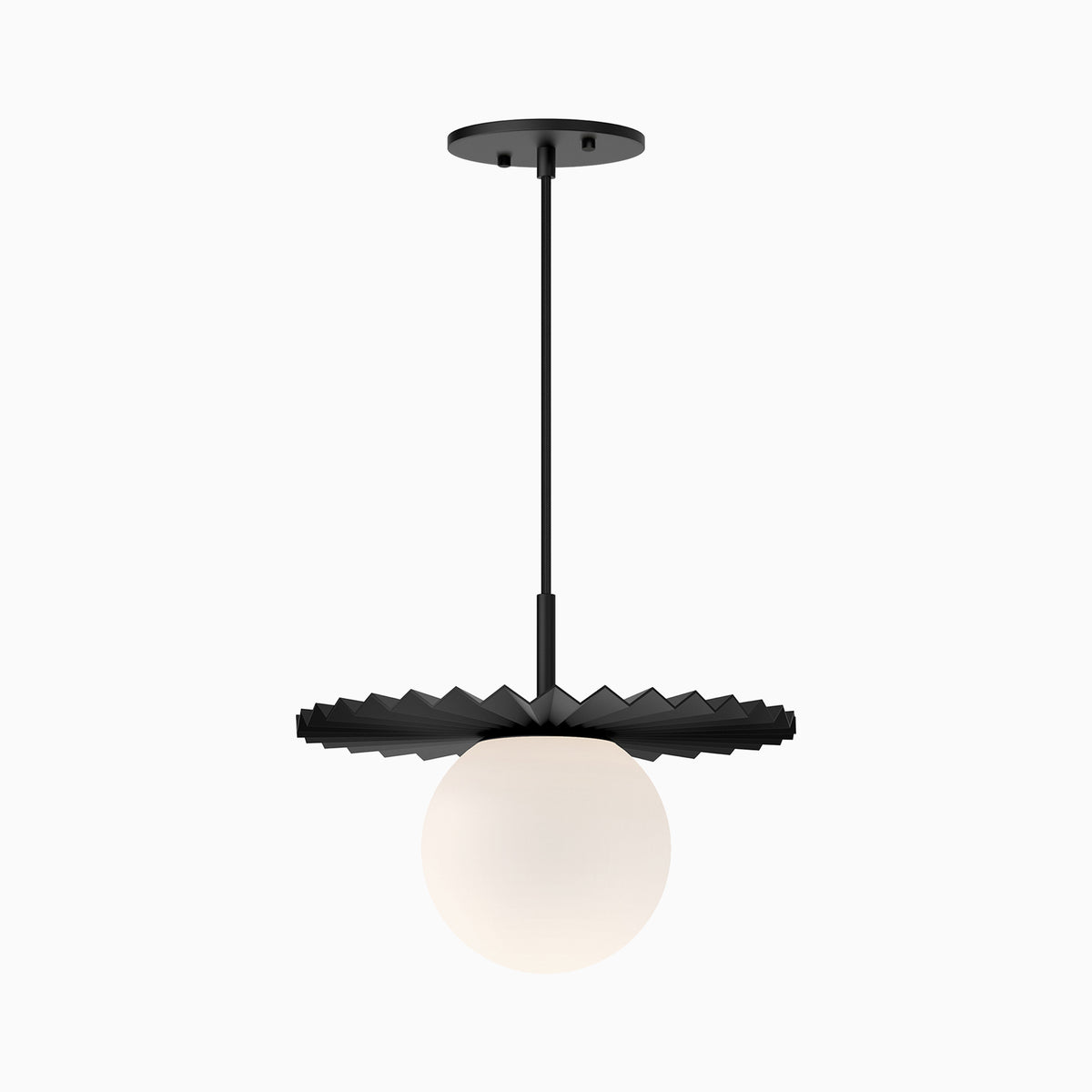 Modern matte black pendant light with a folded metal shade and white globe diffuser, offering soft ambient illumination with a bold geometric form.