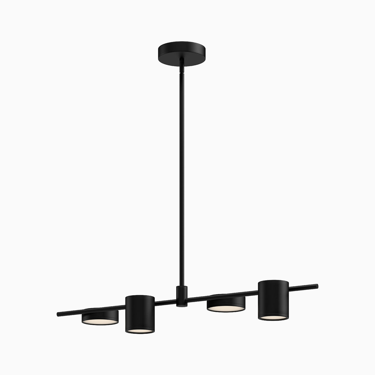 Modern linear pendant light with a matte black stem and horizontal arm holding four cylindrical shades in matching black, forming a clean geometric silhouette suited for contemporary dining areas.