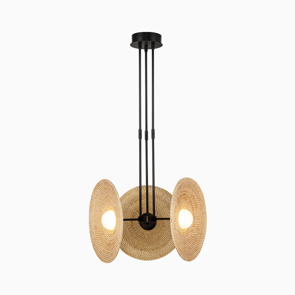Urban bronze pendant light with three woven rattan disc shades and integrated LED bulbs.