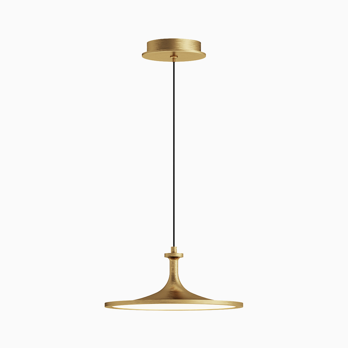Brushed gold pendant light with a wide flat circular shade and slim cord suspension from a round ceiling canopy.