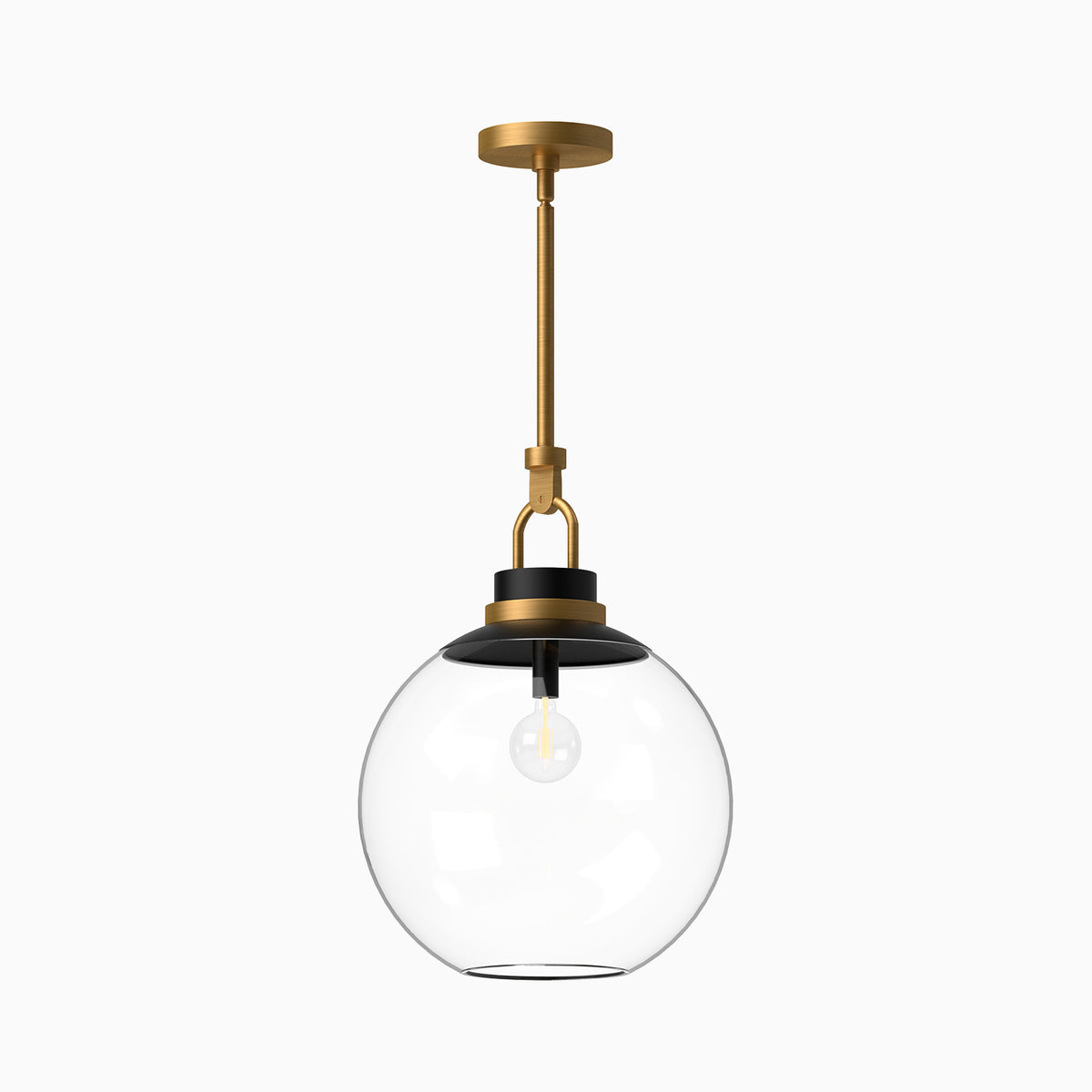 Aged gold pendant light with a clear glass globe shade, black accents, and a matching aged gold canopy.