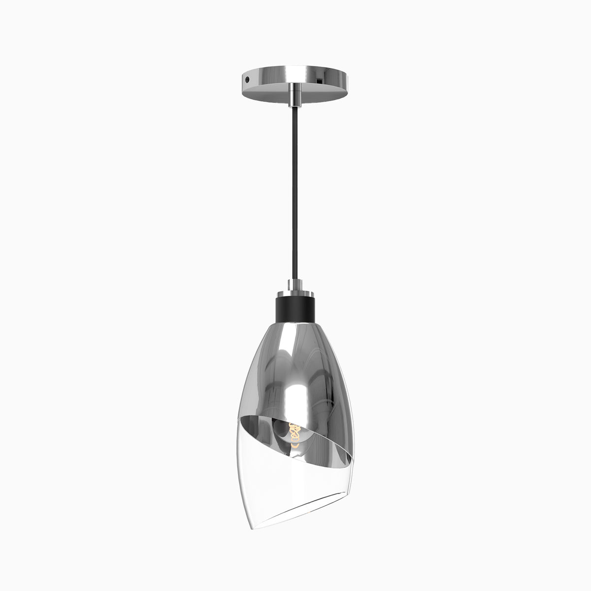 Chrome pendant light with reflective angled metal shade, black accent collar, and clear asymmetrical glass diffuser.