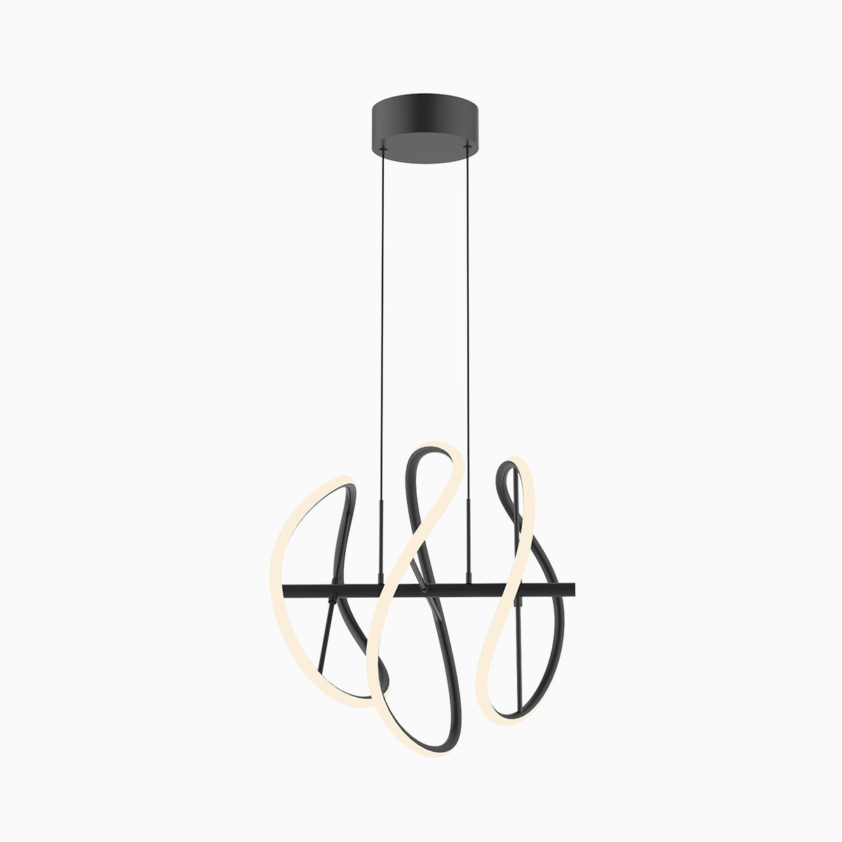 Modern black LED pendant chandelier with sculptural looping light bands, suspended by thin cables from a round black canopy.