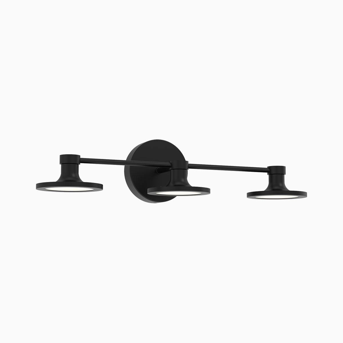 Matte black three-light wall sconce with a horizontal bar and three flat circular shades on a round backplate.