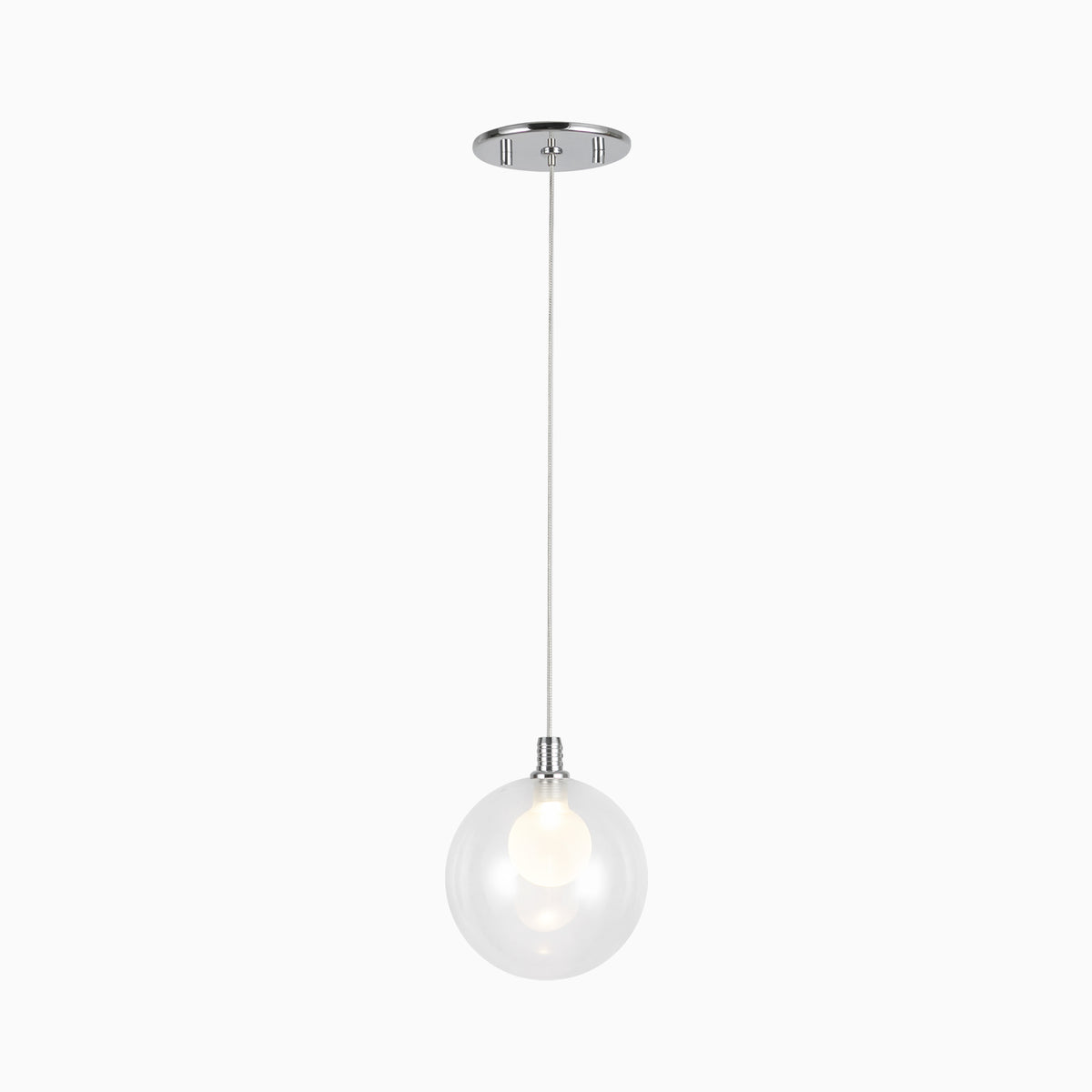 Modern LED pendant light with silver finish and clear glass globe shade.