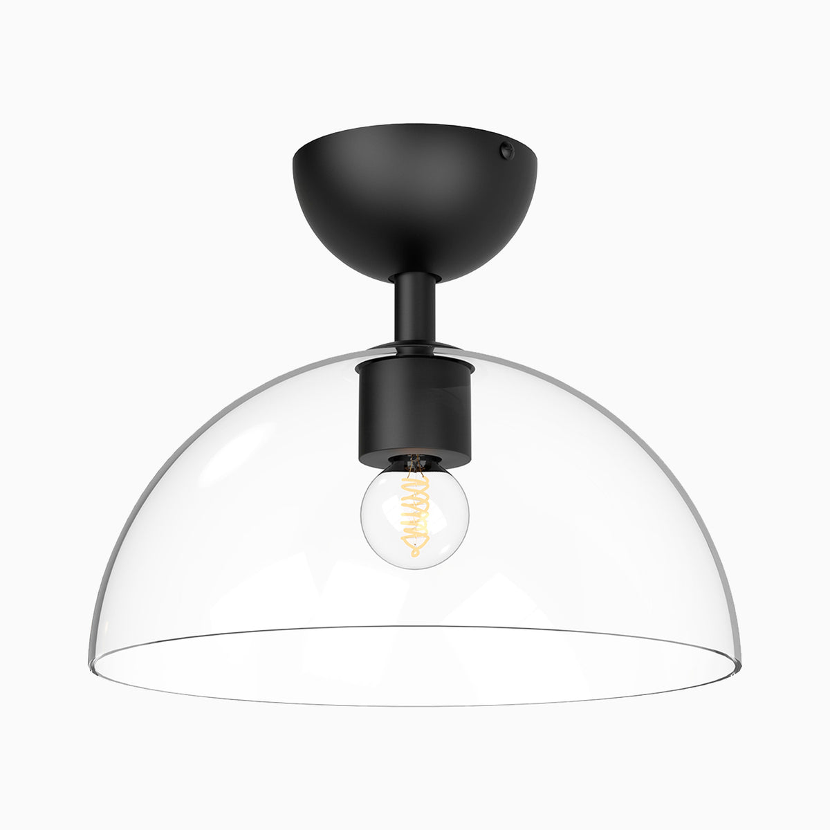 Matte black semi flush mount ceiling light with a clear dome glass shade and exposed filament bulb, offering a simple modern look that softly diffuses light across kitchens or hallways.