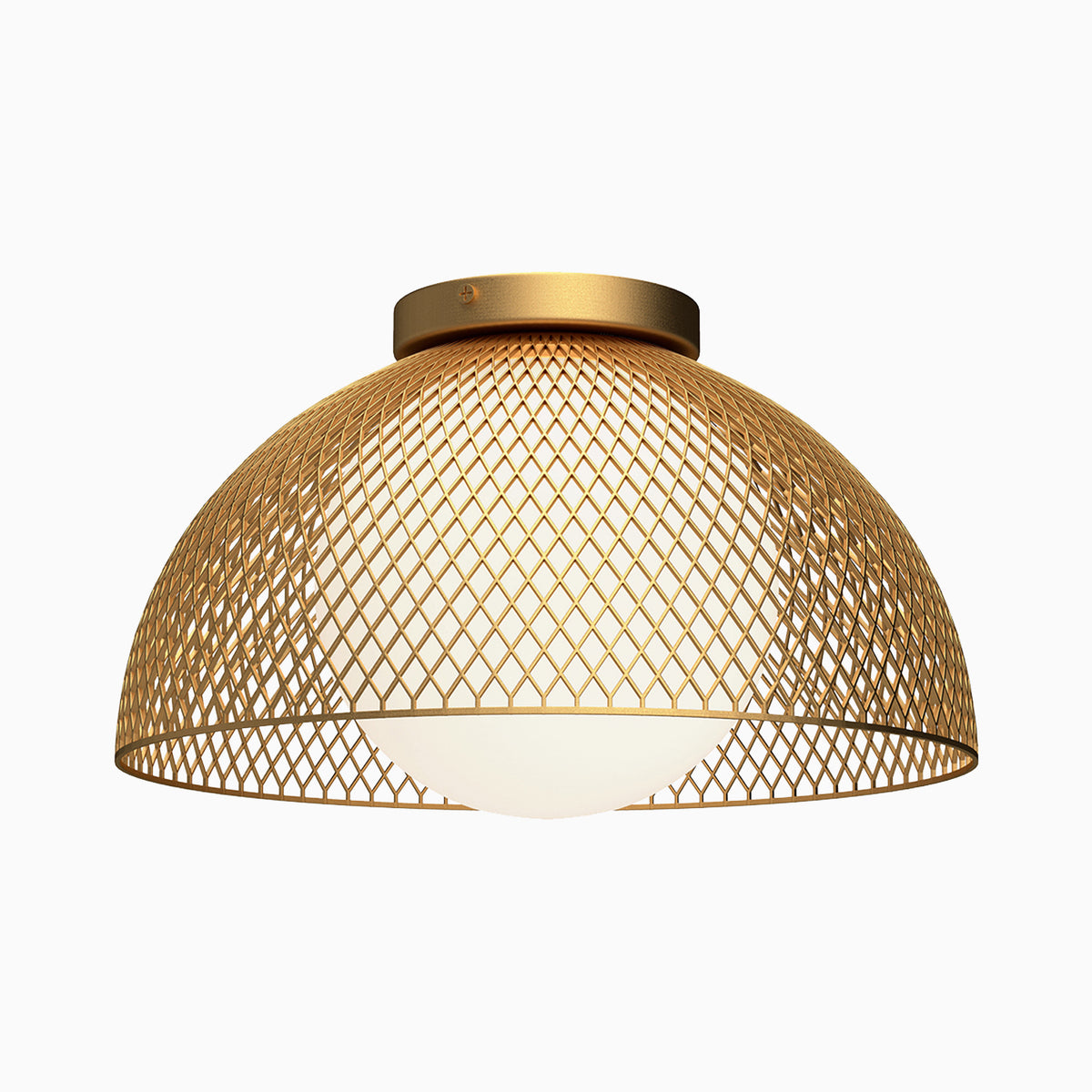 Gold lattice metal shade with an opal glass globe diffuser.