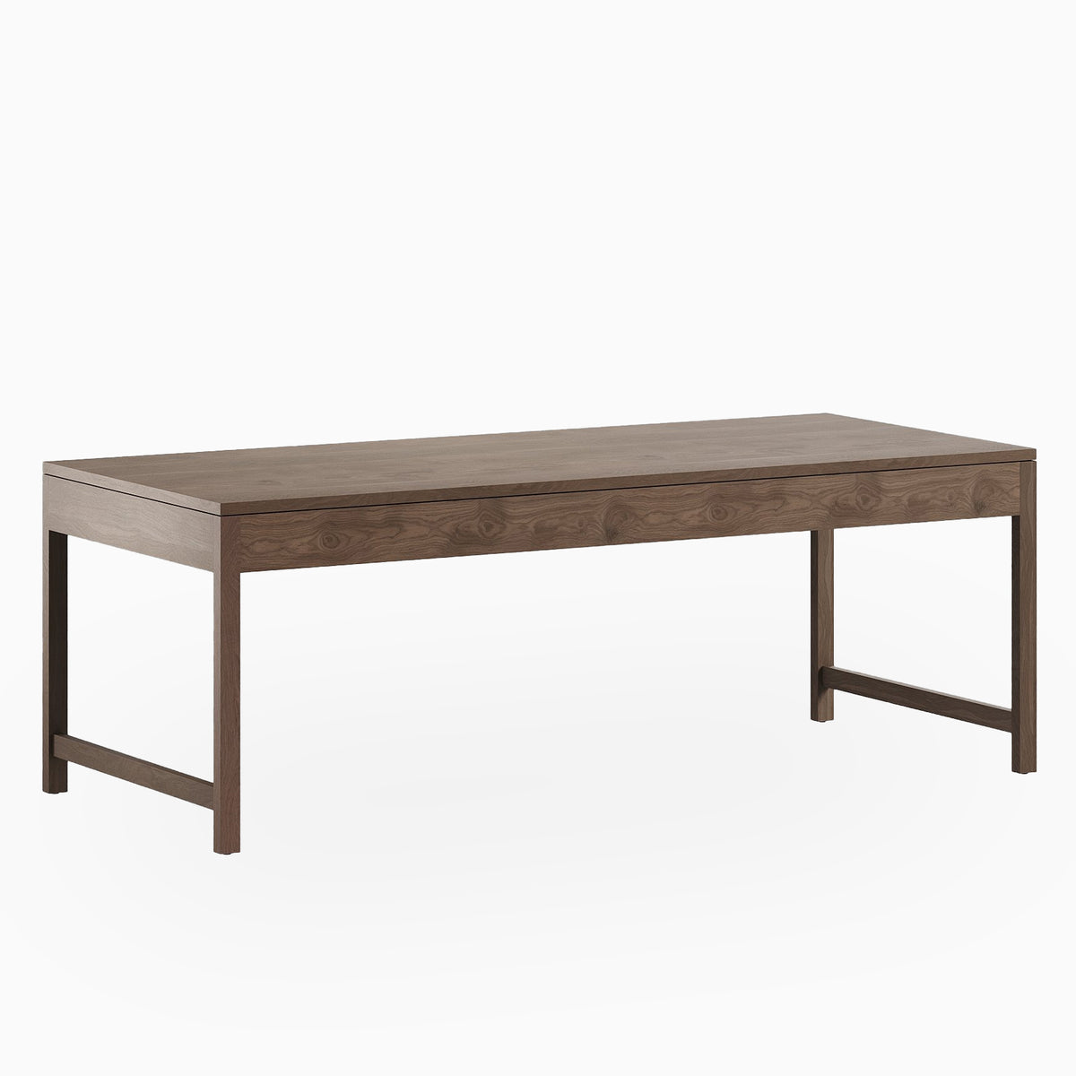 A rectangular walnut dining table with a matte brown finish, shown with a flat, expansive top and minimalist base where slender legs are joined at the ends.