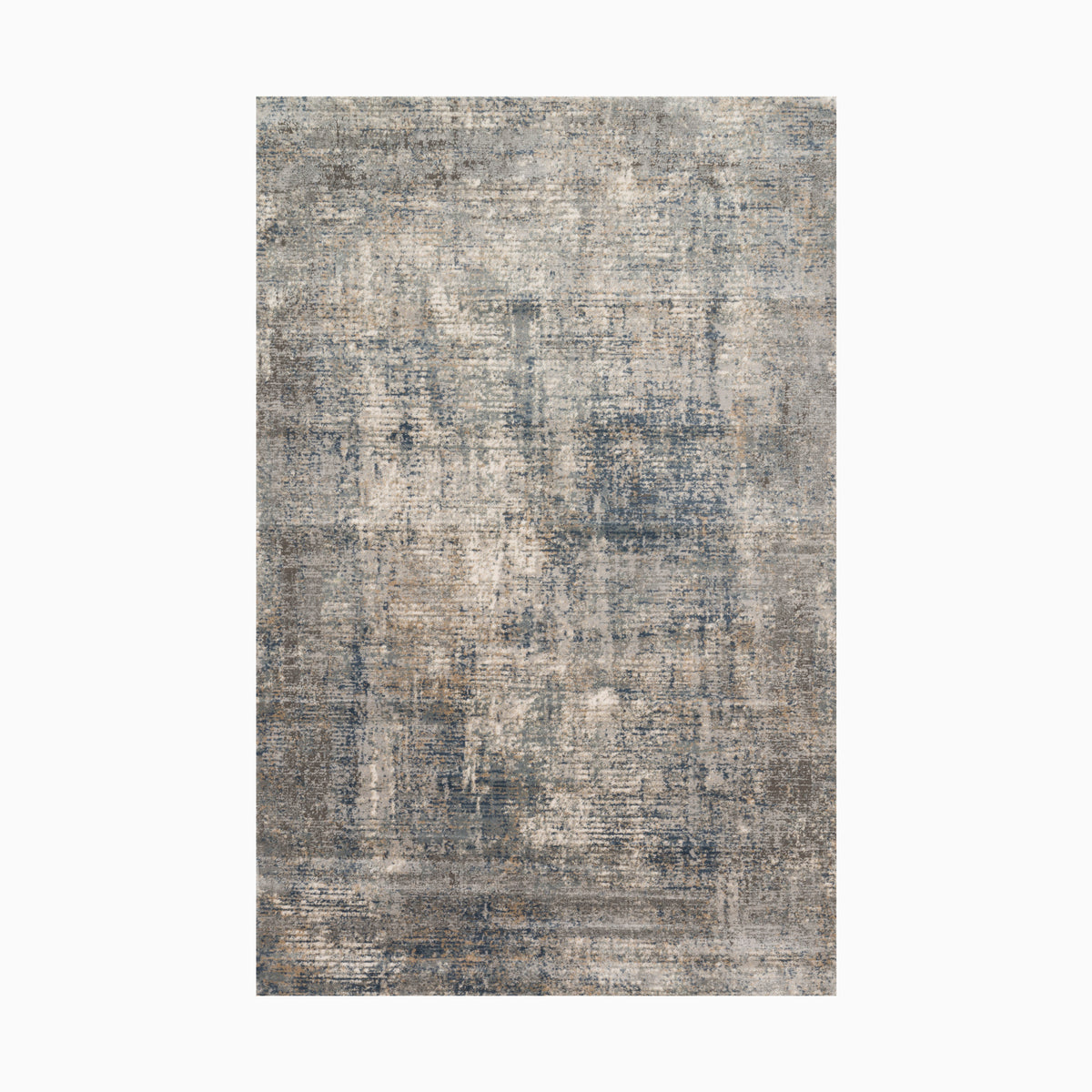 Power loomed area rug made of polypropylene and polyester, featuring a distressed, textured design in muted blue, gray, and beige tones, creating a traditional look.