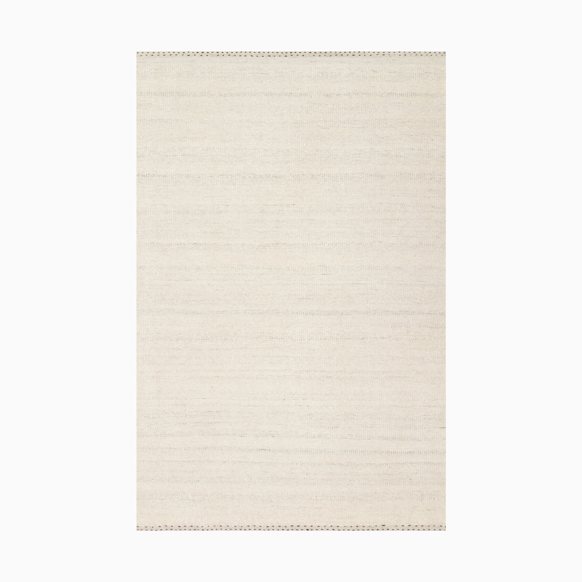 Cream-colored handwoven rug made of wool, cotton, and polyester, featuring a subtle woven texture and soft horizontal striations, evoking a natural, fabric-like elegance.