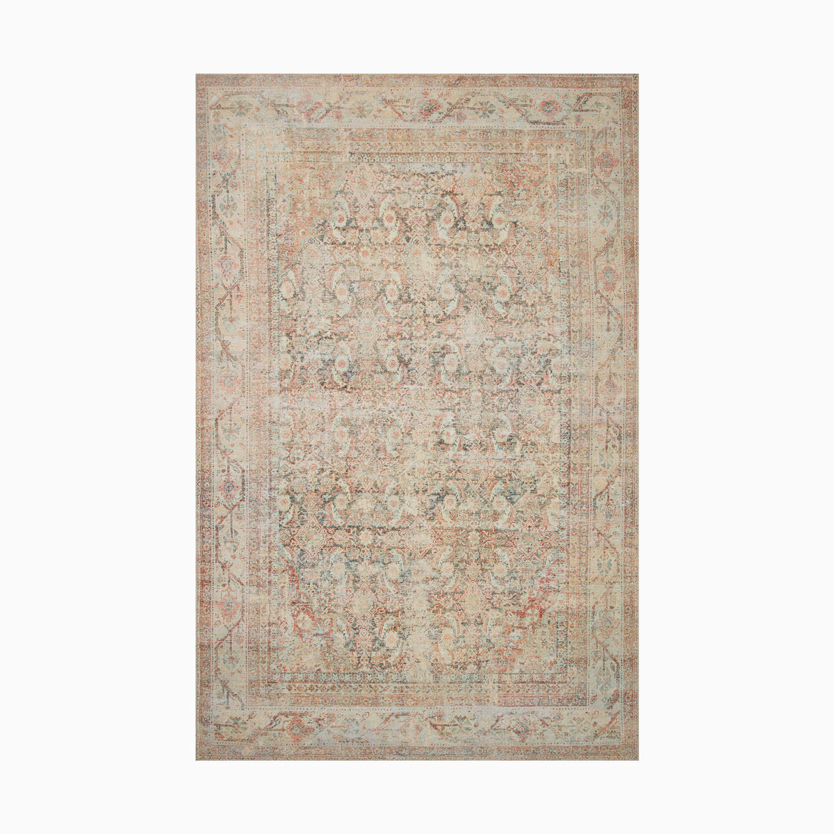 Faded Persian-style power loomed rug made of polyester with intricate floral motifs in soft beige, rust, and pale blue, creating an elegant antique-inspired look.