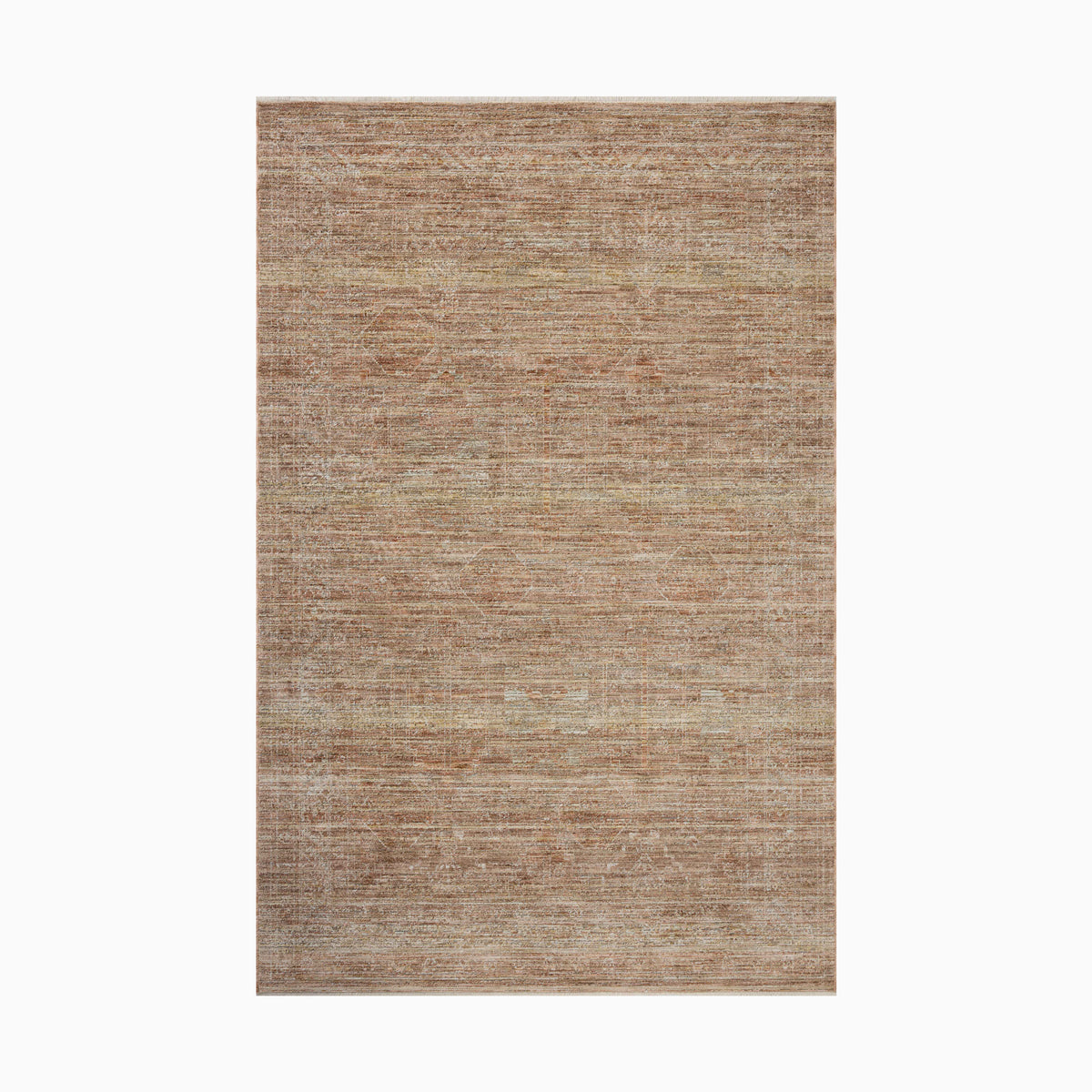 Textured beige and brown power loomed rug made of polyester with a woven design, adding warmth and a natural aesthetic to any interior space.