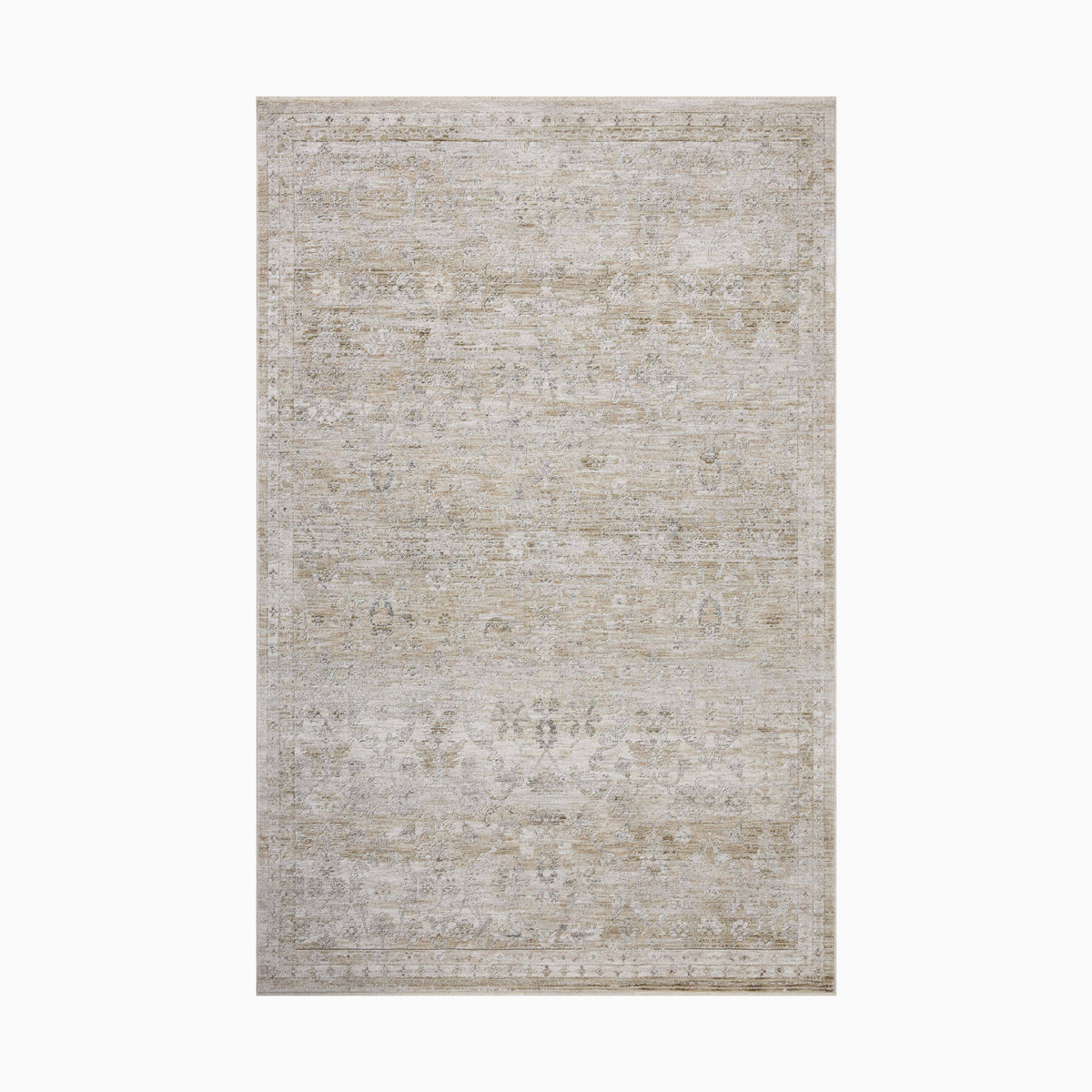 Faded Persian-style power loomed rug in soft beige and ivory tones made of polyester, featuring a distressed medallion pattern for an elegant vintage charm.