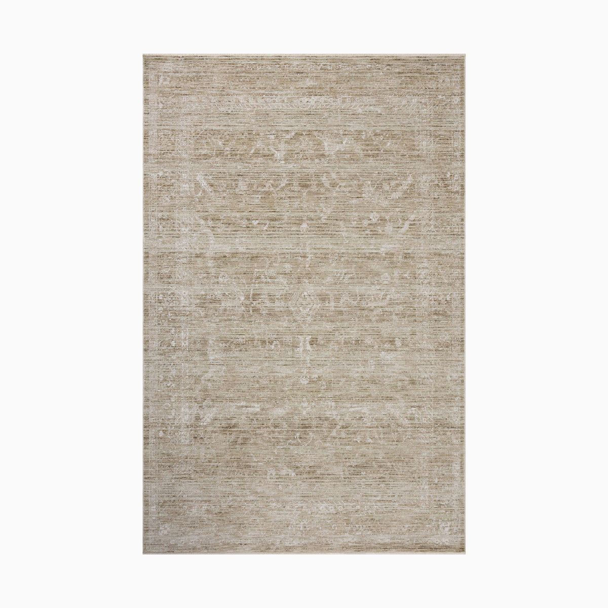 Distressed Persian-style power loomed rug in beige and taupe hues made of polyester, featuring an intricate medallion pattern for a timeless, vintage aesthetic.