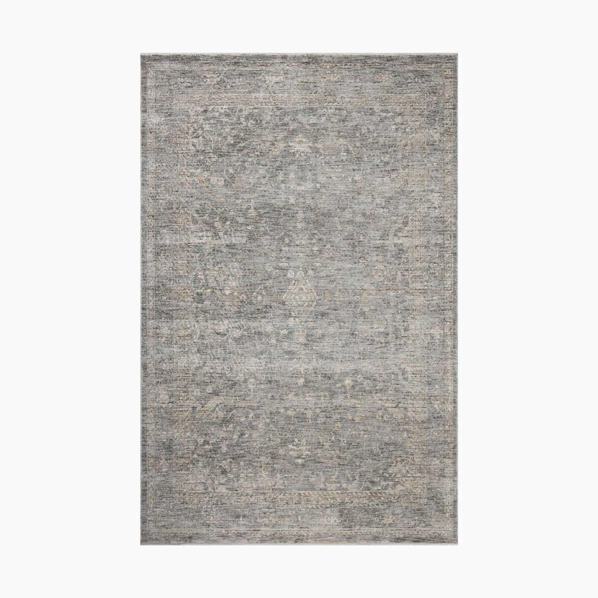 Distressed Persian-style power loomed rug in muted gray and beige tones made of polyester, featuring a faded medallion pattern for a sophisticated vintage appeal.