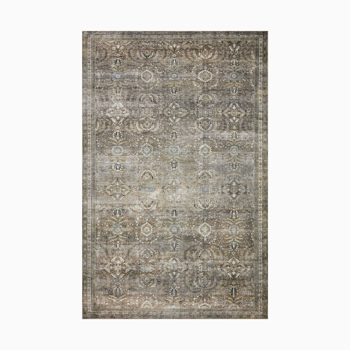 Vintage-style power loomed rug made of polyester, featuring a distressed Persian-inspired pattern in muted brown, gray, and blue tones for an elegant, timeworn look.