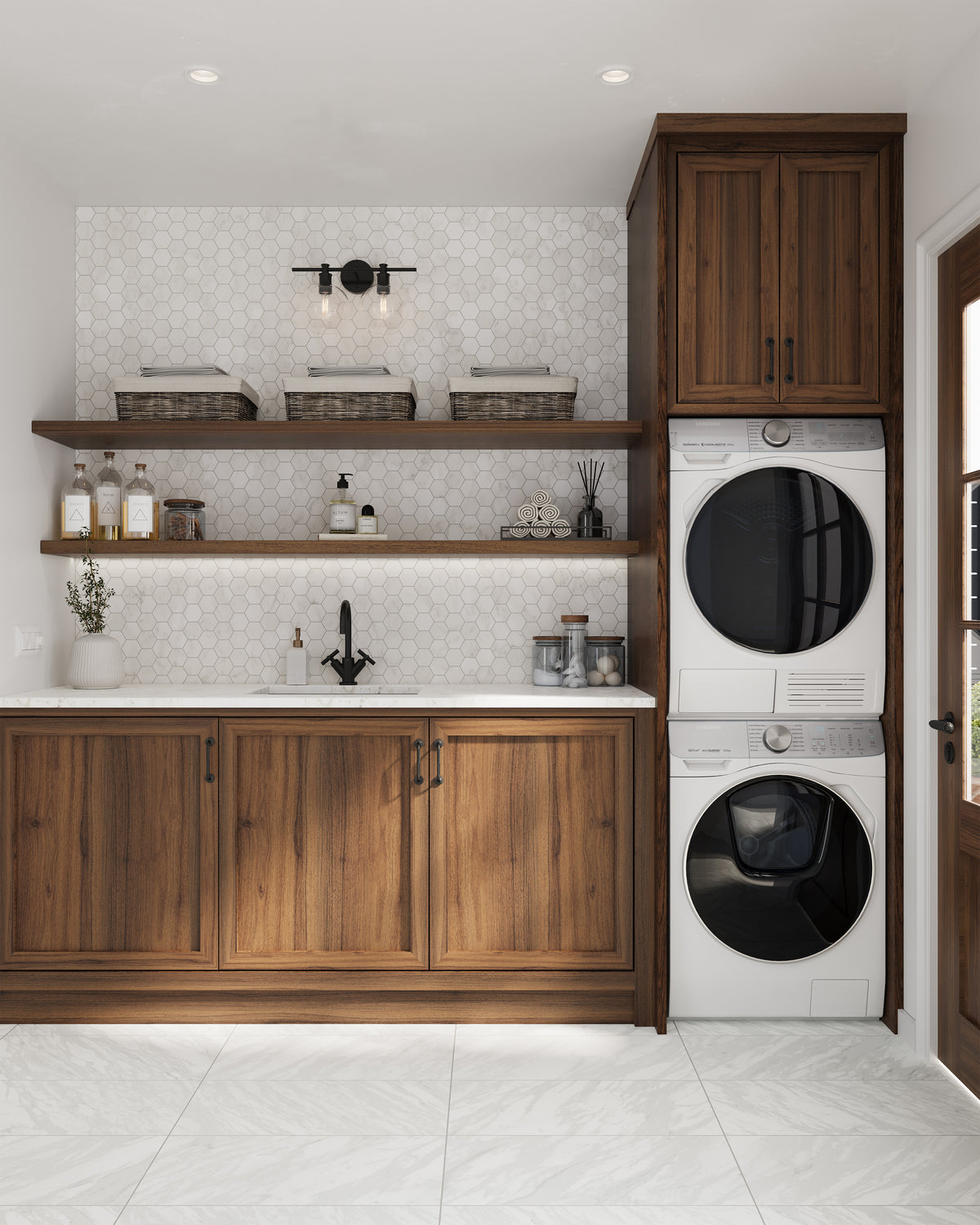 Modern laundry room featuring white Carrara marble-look porcelain floor tiles and a hexagon mosaic backsplash, paired with warm wood cabinetry and sleek appliances.