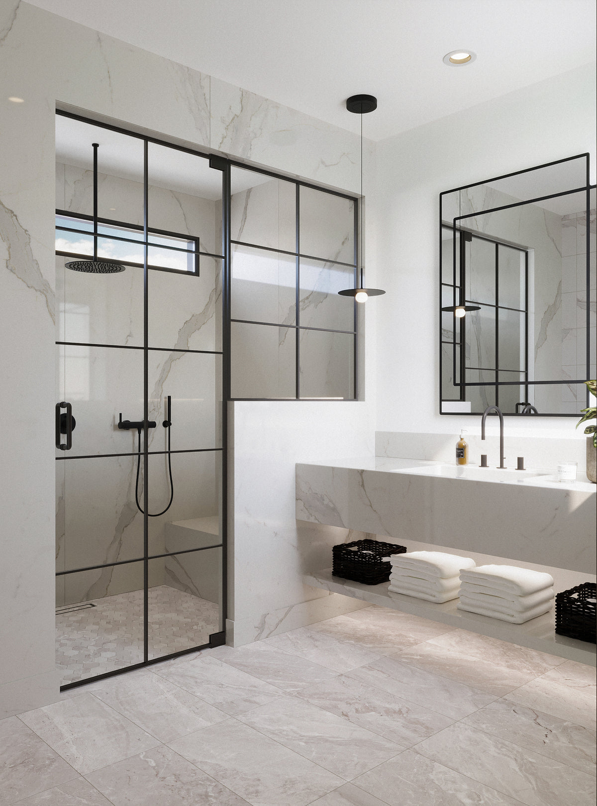 Contemporary bathroom showcasing taupe marble-look porcelain tiles in a matte finish, complemented by black-framed glass shower doors and a sleek vanity.